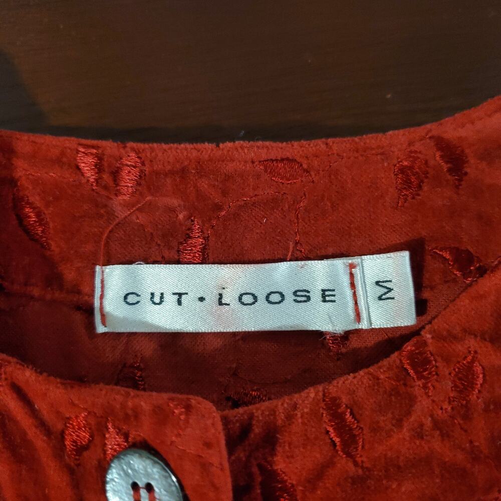 Vtg Cut Loose Embroidered Leaf Velour Button Jacket Size M Red Whimsy Boho 90s - Picture 7 of 11